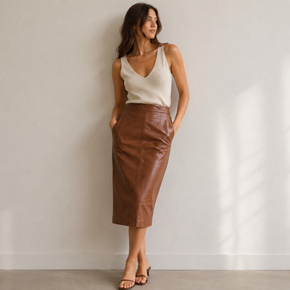 Luis Alvear Cognac Leather Pencil Skirt Spain Sz 42 Vintage